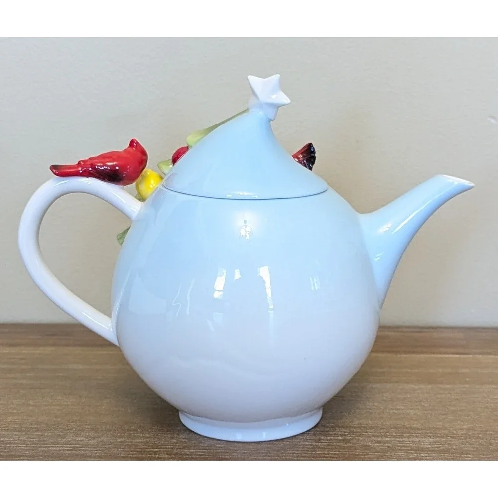 Pier 1 Imports Christmas Tree Teapot Porcelain Cardinal Hand Painted w/Box